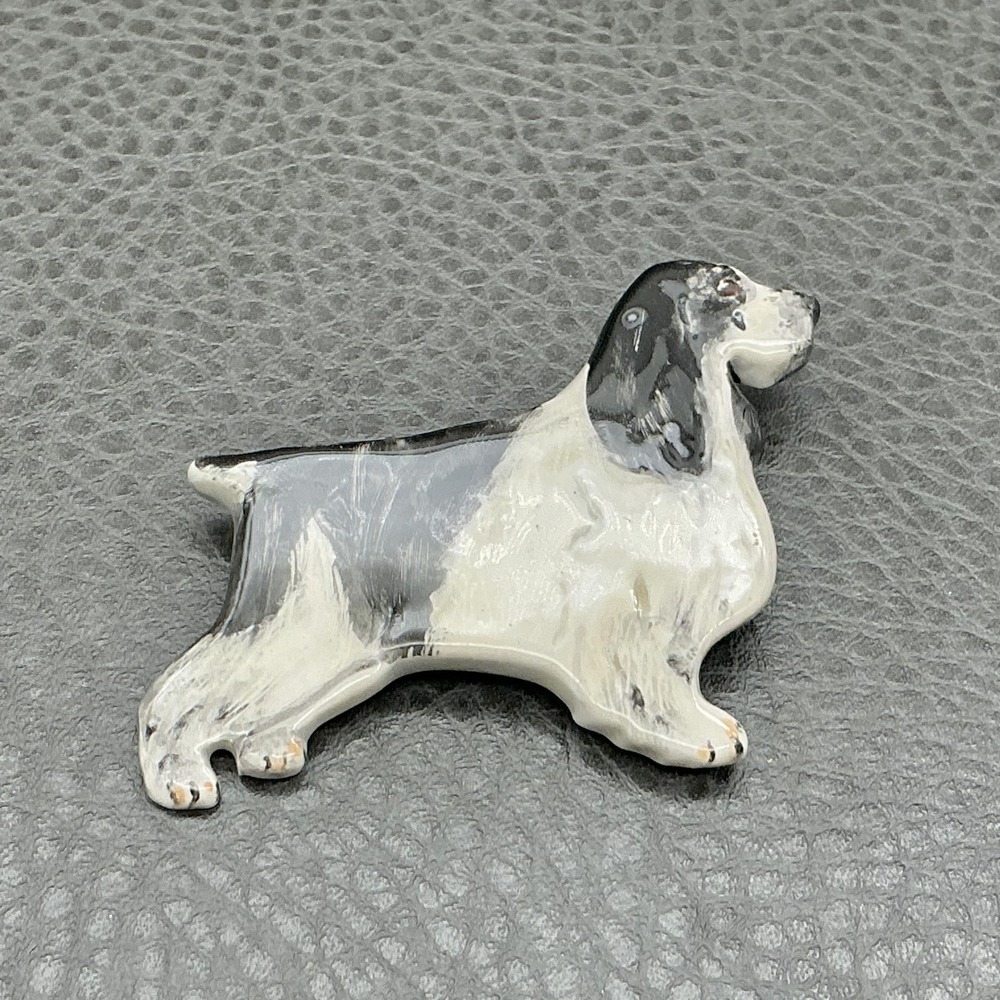 Beautiful Vintage Black & White Hand Painted Ceramic Dog Brooch Signed by Artist